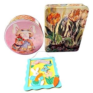 Easter Bunny Spring Decor Lot | Welcome Sign & Tin Boxes